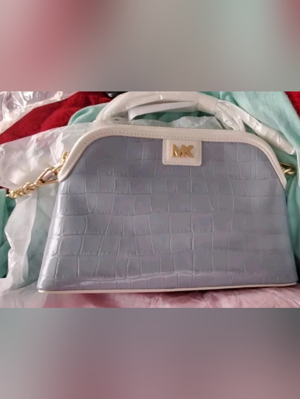 Michael Kors Authentic* Light Blue Croc-Embossed Crossbody Satchel W/ White Trim